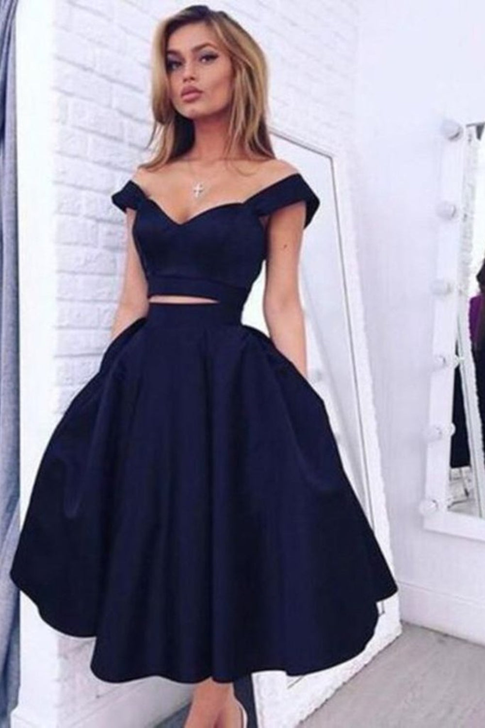 Two Pieces Off Shoulder Short Navy Blue ...